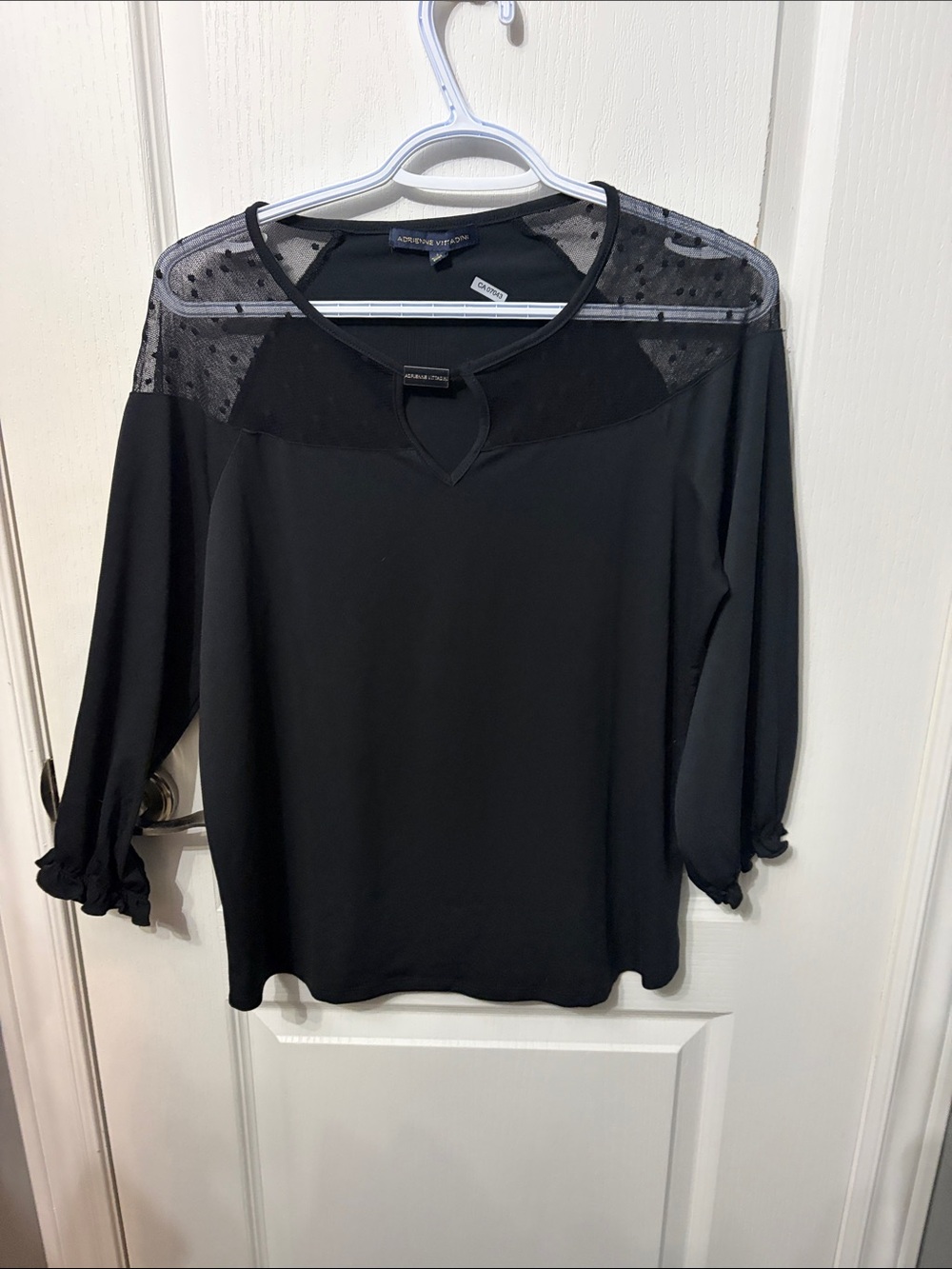 Adrienne Vittadini Black Sheer Dot Yoke 3/4 Sleeve Top